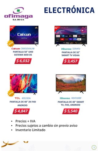 40S330A
PANTALLA DE 40" 2K FHD
ANDROID
$ 4,847
40"
ELECTRÓNICA
40H5500F
PANTALLA DE 40" SMART
TV, FHD, ANDROID
1
50”
PANTA...