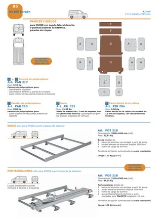 B5
A
C
D
F
F
DA
A
A
A
A
A
A
C
BB
+ BA
C D F
4,2 m3
L1 H1 batalla 2725 mm
Art. POT 218
Dimensiones: 2000x1400 mm (LxP)
Peso: 22,61 Kg
Bacas dotadas de:
3 barras de aluminio con anclajes y perfil de goma
2 bordes laterales de aluminio longitud 2000 mm
1 rodillo de carga de aluminio
Tornillería de fijación suministrada de acero inoxidable.
Carga: 127 Kg (p.u.d.)
Art. POS 218
Dimensiones: 2110x1380 mm (LxP)
Peso: 44,15 Kg
Portaescaleras dotado de:
3 barras de aluminio con anclajes y perfil de goma
1 bordo lateral de aluminio longitud 2000 mm
1 rodillo de carga de aluminio
1 guia portaescaleras de aluminio y acero
inoxidable serie TALENTO longitud 2110 mm
Tornillería de fijación suministrada de acero inoxidable.
Carga: 105 Kg (p.u.d.)
La guia portaescaleras puede
montarse a derecha o a izquierda
BACAS sólo para NV200 puerta traseras de batiente
PORTAESCALERAS sólo para NV200 puerta traseras de batiente
Característi-
cas técnicas
véase pág. A7
PANELES Y SUELOS
para NV200 con puerta lateral derecha
y puertas traseras de batiente,
paredes de chapas
Característi-
cas técnicas
véase pág. A5
NV200 Furgón
Art. PAN 217
Peso: 5,55 Kg
Paneles de polipropileno para:
- pared lateral izquierda
- pared lateral derecha y puerta de corredera
- parte inferior de las puertas traseras de batiente
Paneles de polipropileno
Art. PAR 210
Peso: 0,80 Kg
Paneles de polipropileno para:
- parte superior de las puertas traseras de
batiente
Paneles de polipropileno
Art. PIL 221
Peso: 21,20 Kg
Suelo de madera de 12 mm de espesor, con
recubrimiento fenólico y predisposición para
los anclajes originales del vehículo.
Suelo
Art. PIR 204
Peso: 5,58 Kg
Panel detrás de la cabina de madera de
12 mm de espesor, con recubrimiento
fenólico.
Panel detrás de la cabina
 