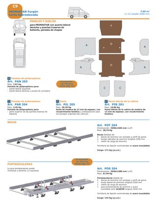 C9
C
D
F
D
A A
A
C
A
C D F
A
PRIMASTAR Furgón
Corta Sobreelevada
7,09 m3
L1 H2 batalla 3098 mm
Art. PAN 203
Peso: 7,67 Kg
Paneles de polipropileno para:
- pared lateral izquierda
- pared lateral derecha y puerta de corredera
Paneles de polipropileno
Art. PAR 204
Peso: 2,45 Kg
Paneles de polipropileno para:
- parte superior de las puertas traseras de
batiente
Paneles de polipropileno
Art. PIL 205
Peso: 29,35 Kg
Suelo de madera de 12 mm de espesor, con
recubrimiento fenólico y predisposición para
los anclajes originales del vehículo.
Suelo
Art. PIR 201
Peso: 10,60 Kg
Panel detrás de la cabina de madera de
12 mm de espesor, con recubrimiento
fenólico.
Panel detrás de la cabina
Art. POT 204
Dimensiones: 2500x1600 mm (LxP)
Peso: 28,74 Kg
Bacas dotadas de:
4 barras de aluminio con anclajes y perfil de goma
2 bordes laterales de aluminio longitud 2500 mm
1 rodillo de carga de aluminio
Tornillería de fijación suministrada de acero inoxidable.
Carga: 171 Kg (p.u.d.)
BACAS
PORTAESCALERAS
Art. POS 204
Dimensiones: 2650x1580 mm (LxP)
Peso: 57,94 Kg
Portaescaleras dotado de:
4 barras de aluminio con anclajes y perfil de goma
1 bordo lateral de aluminio longitud 2500 mm
1 rodillo de carga de aluminio
1 guia portaescaleras de aluminio y acero
inoxidable serie ALADIN longitud 2650 mm
Tornillería de fijación suministrada de acero inoxidable.
Carga: 142 Kg (p.u.d.)
La guia portaescaleras puede
montarse a derecha o a izquierda
Característi-
cas técnicas
véase pág. A5
Característi-
cas técnicas
véase pág. A7
PANELES Y SUELOS
para PRIMASTAR con puerta lateral
derecha y puertas traseras de
batiente, paredes de chapas
 