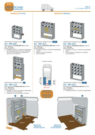 C11
3
2
5
800 mm*
3 5
3 5
3 5
1016mm
1733mm
1016
MDL 161
1016
MDL 015
52
717
MDL 119
5
2
3
SFM 250
Art. MDL 007
Dimensiones: 717x365x900 mm (LxPxH)
Peso: 42,7 Kg
Módulo dotado de:
3 bandejas con goma y 6 divisores desplazables
1 banco extraíble con tornillo con mordazas
de 100 mm de longitud y sujetador de
tubos de 1/2” hasta 1½“
Adecuado para el montaje en la zona:
Accesorios
véase la pág. A9
Características
técnicas véase
pág. A5
PRIMASTAR Furgón
Corta Sobreelevada
7,09 m3
L1 H2 batalla 3098 mm
MÓDULOS 1016 mmMÓDULOS 717 mm
Art. MDL 014
Dimensiones: 1016x365x1200 mm (LxPxH)
Peso: 49,4 Kg
Módulo dotado de:
2 bandejas con goma y 6 divisores desplazables
2 cajones
1 estante con puerta abatible
1 puerta abatible
Adecuado para el montaje en la zona:
Art. MDL 015
Dimensiones: 1016x365x1200 mm (LxPxH)
Peso: 48,3 Kg
Módulo dotado de:
3 bandejas con goma y 9 divisores desplazables
1 cajón
1 porta-maletines extraíble con maletines
y contenedores
Adecuado para el montaje en la zona:
Art. MDL 016
Dimensiones: 1016x365x1200 mm (LxPxH)
Peso: 33,2 Kg
Módulo dotado de:
4 bandejas con goma y 12 divisores desplazables
Adecuado para el montaje en la zona:
Ejemplo de
composición
del lado izquierdo
Ejemplo de
composición
del lado derecho
*medida indicativa
Art. MDL 119
Dimensiones: 717x365x1700 mm (LxPxH)
Peso: 38,10 Kg
Módulo dotado de:
4 bandejas con goma y 8 divisores desplazables
1 estante con puerta abatible
1 travesaño con correas bloqua maletines
Adecuado para el montaje en la zona:
 