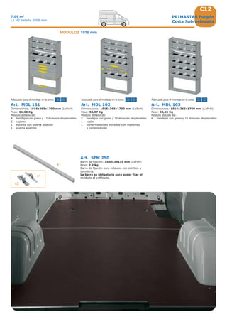 C12
3 5 3 53 5
x2
x1
x1
MÓDULOS 1016 mm
PRIMASTAR Furgón
Corta Sobreelevada
7,09 m3
L1 H2 batalla 3098 mm
Art. MDL 161
Dimensiones: 1016x365x1700 mm (LxPxH)
Peso: 61,38 Kg
Módulo dotado de:
4 bandejas con goma y 12 divisores desplazables
2 cajones
1 estante con puerta abatible
1 puerta abatible
Adecuado para el montaje en la zona:
Art. MDL 162
Dimensiones: 1016x365x1700 mm (LxPxH)
Peso: 58,07 Kg
Módulo dotado de:
5 bandejas con goma y 15 divisores desplazables
1 cajón
1 porta-maletines extraíble con maletines
y contenedores
Adecuado para el montaje en la zona:
Art. MDL 163
Dimensiones: 1016x365x1700 mm (LxPxH)
Peso: 50,55 Kg
Módulo dotado de:
6 bandejas con goma y 18 divisores desplazables
Adecuado para el montaje en la zona:
Art. SFM 250
Barra de fijación: 2500x30x35 mm (LxPxH)
Peso: 2,2 Kg
Barra de fijación para módulos con estribos y
tornillería.
La barra es obligatoria para poder fijar el
módulo al vehículo.
 
