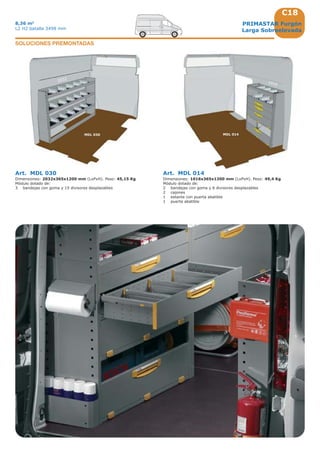 C18
2032
MDL 030 MDL 014
1016
PRIMASTAR Furgón
Larga Sobreelevada
8,36 m3
L2 H2 batalla 3498 mm
Art. MDL 030
Dimensiones: 2032x365x1200 mm (LxPxH). Peso: 45,15 Kg
Módulo dotado de:
3 bandejas con goma y 15 divisores desplazables
Art. MDL 014
Dimensiones: 1016x365x1200 mm (LxPxH). Peso: 49,4 Kg
Módulo dotado de:
2 bandejas con goma y 6 divisores desplazables
2 cajones
1 estante con puerta abatible
1 puerta abatible
SOLUCIONES PREMONTADAS
 