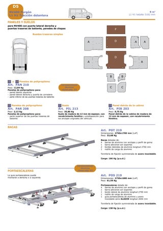 D5
A
BB
CC
D
F
D
A A
A A
+A B
C D F
NV400 Furgón
L1 H1 Tracción delantera
8 m3
L1 H1 batalla 3182 mm
Art. POT 219
Dimensiones: 2750x1700 mm (LxP)
Peso: 33,68 Kg
Bacas dotadas de:
4 barras de aluminio con anclajes y perfil de goma
1 barra adicional con soportes
2 bordes laterales de aluminio longitud 2750 mm
1 rodillo de carga de aluminio
Tornillería de fijación suministrada de acero inoxidable.
Carga: 166 Kg (p.u.d.)
BACAS
PORTAESCALERAS
Art. POS 219
Dimensiones: 2750x1680 mm (LxP)
Peso: 61,59 Kg
Portaescaleras dotado de:
4 barras de aluminio con anclajes y perfil de goma
1 barra adicional con soportes
1 bordo lateral de aluminio longitud 2750 mm
1 rodillo de carga de aluminio
1 guia portaescaleras de aluminio y acero
inoxidable serie ALADIN longitud 2650 mm
Tornillería de fijación suministrada de acero inoxidable.
Carga: 138 Kg (p.u.d.)
La guia portaescaleras puede
montarse a derecha o a izquierda
Características
técnicas
véase pág. A7
Art. PAN 210
Peso: 12,84 Kg
Paneles de polipropileno para:
- pared lateral izquierda
- pared lateral derecha y puerta de corredera
- parte inferior de las puertas traseras de batiente
Paneles de polipropileno
Art. PAR 208
Peso: 2,13 Kg
Paneles de polipropileno para:
- parte superior de las puertas traseras de
batiente
Paneles de polipropileno
Art. PIL 213
Peso: 35,80 Kg
Suelo de madera de 12 mm de espesor, con
recubrimiento fenólico y predisposición para
los anclajes originales del vehículo.
Suelo
Art. PIR 203
Peso: 9,75 Kg
Panel detrás de la cabina de madera de
12 mm de espesor, con recubrimiento
fenólico.
Panel detrás de la cabina
Características
técnicas
véase pág. A5
PANELES Y SUELOS
para NV400 con puerta lateral derecha y
puertas traseras de batiente, paredes de chapas
Ruedas traseras simples
 