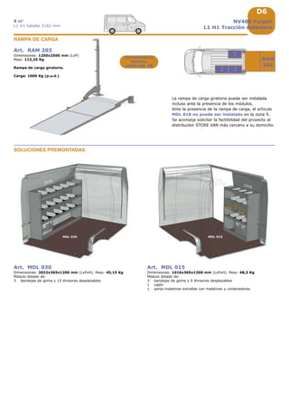 D6
2032
MDL 030 MDL 015
1016
RAM
203
3
5
2
NV400 Furgón
L1 H1 Tracción delantera
8 m3
L1 H1 batalla 3182 mm
La rampa de carga giratoria puede ser instalada
incluso ante la presencia de los módulos.
Ante la presencia de la rampa de carga, el artículo
MDL 018 no puede ser instalado en la zona 5.
Se aconseja solicitar la factibilidad del proyecto al
distribuidor STORE VAN más cercano a su domicilio.
Art. RAM 203
Dimensiones: 1250x2500 mm (LxP)
Peso: 112,25 Kg
Rampa de carga giratoria.
Carga: 1000 Kg (p.u.d.)
RAMPA DE CARGA
Características
técnicas
véase pág. A8
Art. MDL 030
Dimensiones: 2032x365x1200 mm (LxPxH). Peso: 45,15 Kg
Módulo dotado de:
3 bandejas de goma y 15 divisores desplazables
Art. MDL 015
Dimensiones: 1016x365x1200 mm (LxPxH). Peso: 48,3 Kg
Módulo dotado de:
3 bandejas de goma y 9 divisores desplazables
1 cajón
1 porta-maletines extraíble con maletines y contenedores
SOLUCIONES PREMONTADAS
 