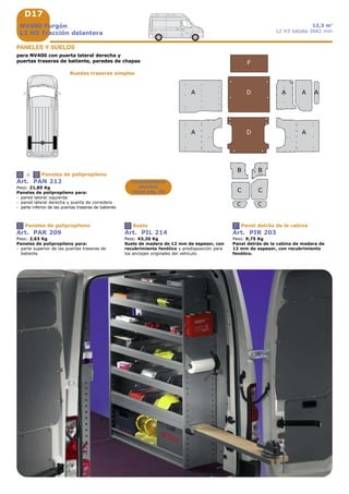 D17
A A
BB
CC
D
F
D
A A
A
C C
A
+A B
C D F
NV400 Furgón
L2 H3 Tracción delantera
12,3 m3
L2 H3 batalla 3682 mm
Art. PAN 212
Peso: 21,85 Kg
Paneles de polipropileno para:
- pared lateral izquierda
- pared lateral derecha y puerta de corredera
- parte inferior de las puertas traseras de batiente
Paneles de polipropileno
Art. PAR 209
Peso: 2,63 Kg
Paneles de polipropileno para:
- parte superior de las puertas traseras de
batiente
Paneles de polipropileno
Art. PIL 214
Peso: 43,20 Kg
Suelo de madera de 12 mm de espesor, con
recubrimiento fenólico y predisposición para
los anclajes originales del vehículo.
Suelo
Art. PIR 203
Peso: 9,75 Kg
Panel detrás de la cabina de madera de
12 mm de espesor, con recubrimiento
fenólico.
Panel detrás de la cabina
Características
técnicas
véase pág. A5
PANELES Y SUELOS
para NV400 con puerta lateral derecha y
puertas traseras de batiente, paredes de chapas
Ruedas traseras simples
 