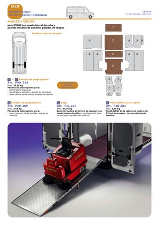 D29
A A
BB
CC
D
F
D
A A
A
C C
DA A
A
+A B
C D F
NV400 Furgón
L3 H3 Tracción delantera
14,8 m3
L3 H3 batalla 4332 mm
Art. PAN 214
Peso: 25,15 Kg
Paneles de polipropileno para:
- pared lateral izquierda
- pared lateral derecha y puerta de corredera
- parte inferior de las puertas traseras de batiente
Paneles de polipropileno
Art. PAR 209
Peso: 2,63 Kg
Paneles de polipropileno para:
- parte superior de las puertas traseras de
batiente
Paneles de polipropileno
Art. PIL 217
Peso: 53,20 Kg
Suelo de madera de 12 mm de espesor, con
recubrimiento fenólico y predisposición para
los anclajes originales del vehículo.
Suelo
Art. PIR 203
Peso: 9,75 Kg
Panel detrás de la cabina de madera de
12 mm de espesor, con recubrimiento
fenólico.
Panel detrás de la cabina
Características
técnicas
véase pág. A5
PANELES Y SUELOS
para NV400 con puerta lateral derecha y
puertas traseras de batiente, paredes de chapas
Ruedas traseras simples
 