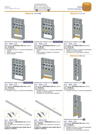 D32
x2
x2
x1
x2
x2
x1
2 3 5 2 2a
2 3 5 2
2a
2a 2a 3 5 5a
5a
5a
NV400 Furgón
L3 H3 Tracción delantera
14,8 m3
L3 H3 batalla 4332 mm
Art. SFM 350
Barra de fijación: 3500x30x35 mm (LxPxH)
Peso: 2,93 Kg
Barra de fijación para módulos con estribos y
tornillería.
La barra es obligatoria para poder fijar el
módulo al vehículo.
Art. SFM 250
Barra de fijación: 2500x30x35 mm (LxPxH)
Peso: 2,2 Kg
Barra de fijación para módulos con estribos y
tornillería.
La barra es obligatoria para poder fijar el
módulo al vehículo.
MÓDULOS 717 mm
Art. MDL 116
Dimensiones: 1016x365x1700 mm (LxPxH)
Peso: 46,70 Kg
Módulo dotado de:
6 bandejas con goma y 18 divisores desplazables
Adecuado para el montaje en la zona:
Art. MDL 117
Dimensiones: 1016x365x1700 mm (LxPxH)
Peso: 46,50 Kg
Módulo dotado de:
4 bandejas con goma y 12 divisores desplazables
1 estante con puerta abatible
1 travesaño con correas bloqua maletines
Adecuado para el montaje en la zona:
Art. MDL 114
Dimensiones: 1016x365x1700 mm (LxPxH)
Peso: 62,90 Kg
Módulo dotado de:
4 bandejas con goma y 12 divisores desplazables
2 cajones
1 estante con puerta abatible
1 puerta abatible
Adecuado para el montaje en la zona:
Art. MDL 115
Dimensiones: 1016x365x1700 mm (LxPxH)
Peso: 61,80 Kg
Módulo dotado de:
5 bandejas con goma y 15 divisores desplazables
1 cajón
1 porta-maletines extraíble con maletines
y contenedores
Adecuado para el montaje en la zona:
MÓDULOS 1016 MM
Art. MDL 119
Dimensiones: 717x365x1700 mm (LxPxH)
Peso: 38,10 Kg
Módulo dotado de:
4 bandejas con goma y 8 divisores desplazables
1 estante con puerta abatible
1 travesaño con correas bloqua maletines
Adecuado para el montaje en la zona:
Art. MDL 147
Dimensiones: 508x365x1700 mm (LxPxH)
Peso: 32,70 Kg
Módulo dotado de:
4 bandejas con goma y 4 divisores desplazables
1 estante con puerta abatible
1 travesaño con correas bloqua maletines
Adecuado para el montaje en la zona:
Art. MDL 146
Dimensiones: 508x365x1700 mm (LxPxH)
Peso: 30,80 Kg
Módulo dotado de:
6 bandejas con goma y 6 divisores desplazables
Adecuado para el montaje en la zona:
MÓDULOS 508 mm
 