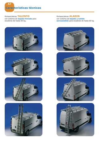 A7A7A7
Características técnicas
Portaescaleras TALENTO
con sistema de bajada frenada para
escaleras de hasta 60 kg.
Portaescaleras ALADIN
con sistema de bajada y subida
servoasistido para escaleras de hasta 60 kg.
 