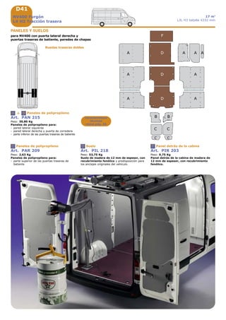 D41
A A
BB
D
F
D
A A
A
C C
C C
DA A
A
+A B
C D F
NV400 Furgón
L4 H3 Tracción trasera
17 m3
L3L H3 batalla 4332 mm
Paneles de polipropileno
Paneles de polipropileno Suelo Panel detrás de la cabina
Características
técnicas
véase pág. A5
PANELES Y SUELOS
para NV400 con puerta lateral derecha y
puertas traseras de batiente, paredes de chapas
Art. PAN 215
Peso: 30,80 Kg
Paneles de polipropileno para:
- pared lateral izquierda
- pared lateral derecha y puerta de corredera
- parte inferior de las puertas traseras de batiente
Art. PAR 209
Peso: 2,63 Kg
Paneles de polipropileno para:
- parte superior de las puertas traseras de
batiente
Art. PIL 218
Peso: 53,75 Kg
Suelo de madera de 12 mm de espesor, con
recubrimiento fenólico y predisposición para
los anclajes originales del vehículo.
Art. PIR 203
Peso: 9,75 Kg
Panel detrás de la cabina de madera de
12 mm de espesor, con recubrimiento
fenólico.
Ruedas traseras dobles
 