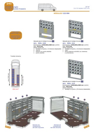 D43
3
3
3
508
max 1225
MDL 247
MDL 220
3a
3
MDL 247
5b
5
1016
SFM 450 SFM
300
5a
1016
508
MDL 214
MDL 215MDL 215
MDL 216
1016
1016
2
2a
950 mm*
max2540mm
max3765mm
3
3a
5
5b
5a
2
2a
Ejemplo de
composición
del lado izquierdo
Ejemplo de
composición
del lado derecho
NV400 Furgón
L4 H3 Tracción trasera
17 m3
L3L H3 batalla 4332 mm
Accesorios
véase la pág. A9
Características
técnicas véase
pág. A5
Art. MDL 220
Dimensiones: 1225x365x1500 mm (LxPxH)
Peso: 66,10 Kg
Módulo dotado de:
3 bandejas con goma y 12 divisores desplazables
2 cajones
1 estante con puerta abatible
1 puerta abatible
Adecuado para el montaje en la zona:
Art. MDL 221
Dimensiones: 1225x365x1500 mm (LxPxH)
Peso: 64,10 Kg
Módulo dotado de:
4 bandejas con goma y 16 divisores desplazables
1 cajón
1 porta-maletines extraíble con maletines
y contenedores
Adecuado para el montaje en la zona:
Art. MDL 222
Dimensiones: 1225x365x1500 mm (LxPxH)
Peso: 48,15 Kg
Módulo dotado de:
5 bandejas con goma y 20 divisores desplazables
Adecuado para el montaje en la zona:
MÓDULOS 1225 MM
*medida indicativa
 