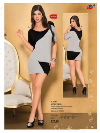 A.

A.

A. 70198
VESTIDO THAYRA
Vestido manga continua con cortes en
contrastes de colores
Elaborado en: VISCOSA

Color/Talla
Negro

S

M

L

72 49 24

XL
89

$24,99
15

 