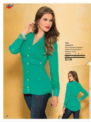 70203
BLUSA MAYTA
Blusa manga larga con charreteras
frontales y encarrujado posterior
Elaborado en: Viscosa

Color/Talla
Verde

$27,99

30

S

M

321 317

L
313

 