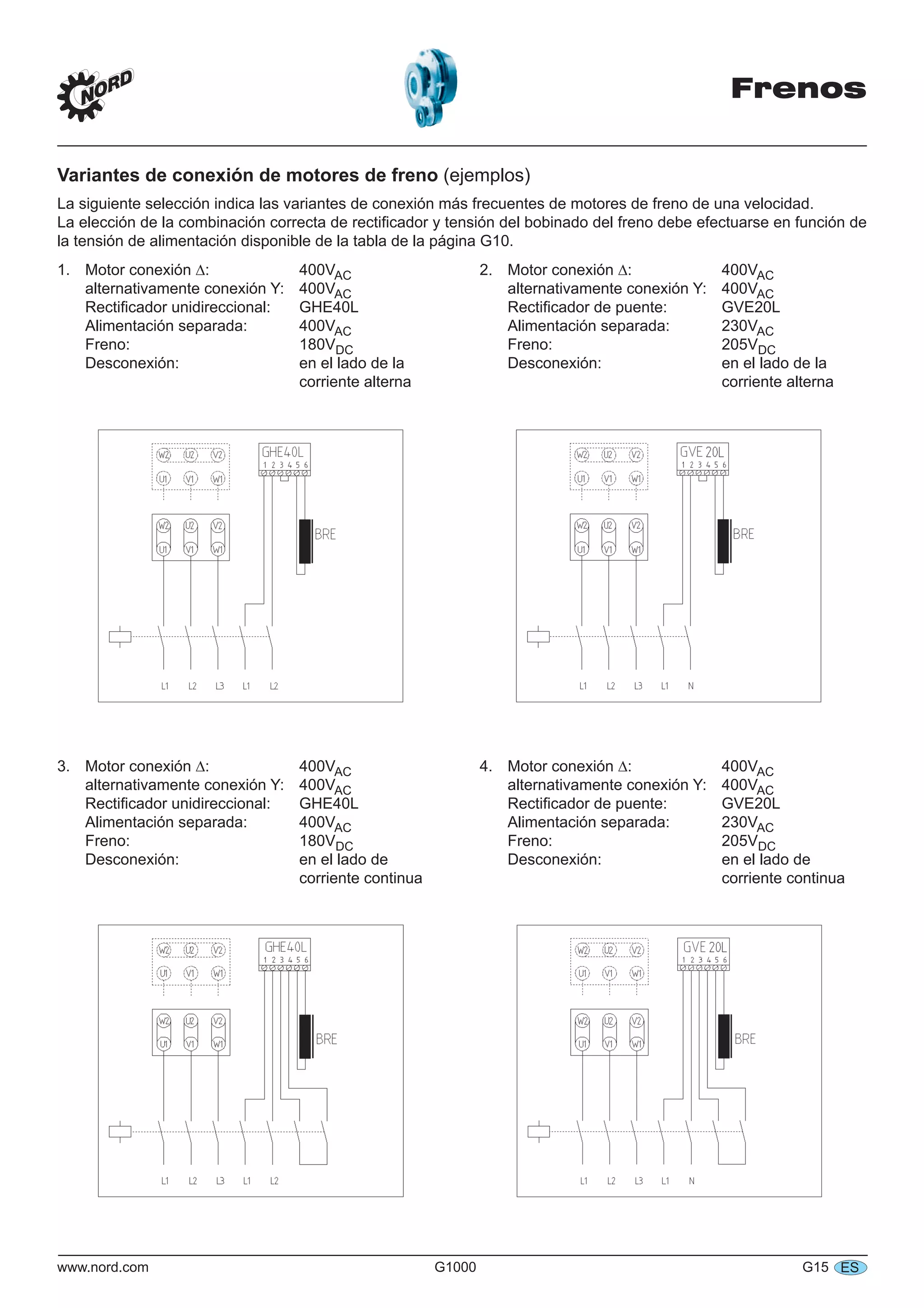 Frenos
www.nord.com G1000 G15 ES
Variantes de conexión de motores de freno (ejemplos)
La siguiente selección indica las variantes de conexión más frecuentes de motores de freno de una velocidad.
La elección de la combinación correcta de rectiﬁcador y tensión del bobinado del freno debe efectuarse en función de
la tensión de alimentación disponible de la tabla de la página G10.
1. Motor conexión : 400VAC
alternativamente conexión Y: 400VAC
Rectiﬁcador unidireccional: GHE40L
Alimentación separada: 400VAC
Freno: 180VDC
Desconexión: en el lado de la
corriente alterna
2. Motor conexión : 400VAC
alternativamente conexión Y: 400VAC
Rectiﬁcador de puente: GVE20L
Alimentación separada: 230VAC
Freno: 205VDC
Desconexión: en el lado de la
corriente alterna
3. Motor conexión : 400VAC
alternativamente conexión Y: 400VAC
Rectiﬁcador unidireccional: GHE40L
Alimentación separada: 400VAC
Freno: 180VDC
Desconexión: en el lado de
corriente continua
4. Motor conexión : 400VAC
alternativamente conexión Y: 400VAC
Rectiﬁcador de puente: GVE20L
Alimentación separada: 230VAC
Freno: 205VDC
Desconexión: en el lado de
corriente continua
 