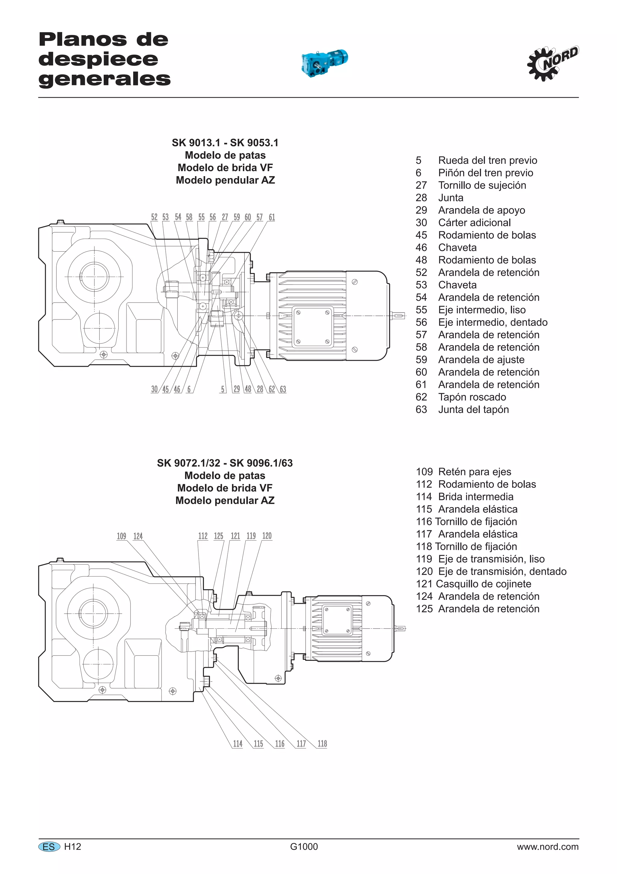 H12 G1000 www.nord.comES
Planos de
despiece
generales
5 Rueda del tren previo
6 Piñón del tren previo
27 Tornillo de sujeción
28 Junta
29 Arandela de apoyo
30 Cárter adicional
45 Rodamiento de bolas
46 Chaveta
48 Rodamiento de bolas
52 Arandela de retención
53 Chaveta
54 Arandela de retención
55 Eje intermedio, liso
56 Eje intermedio, dentado
57 Arandela de retención
58 Arandela de retención
59 Arandela de ajuste
60 Arandela de retención
61 Arandela de retención
62 Tapón roscado
63 Junta del tapón
109 Retén para ejes
112 Rodamiento de bolas
114 Brida intermedia
115 Arandela elástica
116 Tornillo de ﬁjación
117 Arandela elástica
118 Tornillo de ﬁjación
119 Eje de transmisión, liso
120 Eje de transmisión, dentado
121 Casquillo de cojinete
124 Arandela de retención
125 Arandela de retención
SK 9013.1 - SK 9053.1
Modelo de patas
Modelo de brida VF
Modelo pendular AZ
SK 9072.1/32 - SK 9096.1/63
Modelo de patas
Modelo de brida VF
Modelo pendular AZ
 