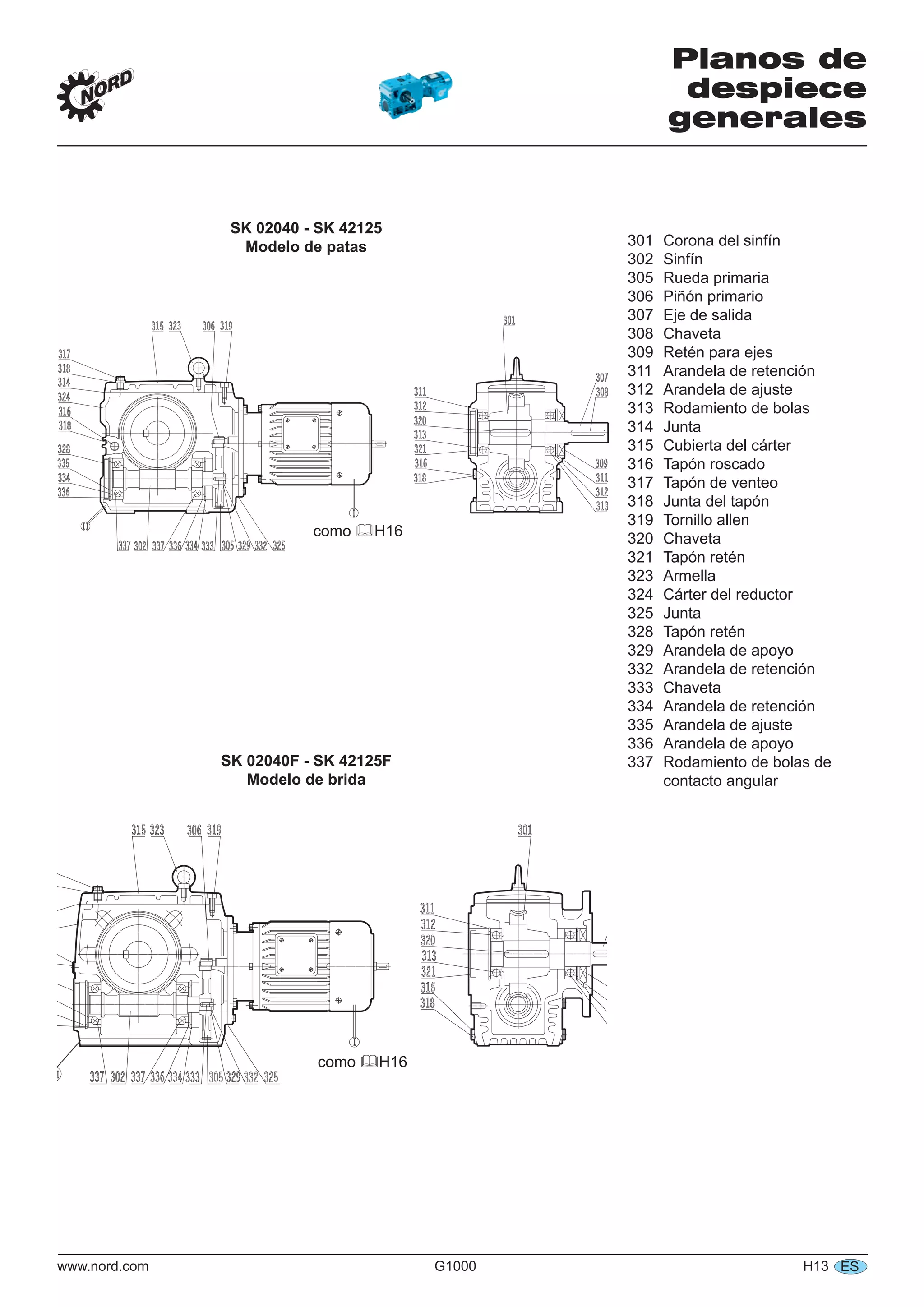 www.nord.com G1000 H13 ES
Planos de
despiece
generales
301 Corona del sinfín
302 Sinfín
305 Rueda primaria
306 Piñón primario
307 Eje de salida
308 Chaveta
309 Retén para ejes
311 Arandela de retención
312 Arandela de ajuste
313 Rodamiento de bolas
314 Junta
315 Cubierta del cárter
316 Tapón roscado
317 Tapón de venteo
318 Junta del tapón
319 Tornillo allen
320 Chaveta
321 Tapón retén
323 Armella
324 Cárter del reductor
325 Junta
328 Tapón retén
329 Arandela de apoyo
332 Arandela de retención
333 Chaveta
334 Arandela de retención
335 Arandela de ajuste
336 Arandela de apoyo
337 Rodamiento de bolas de
contacto angular
SK 02040 - SK 42125
Modelo de patas
como H16
SK 02040F - SK 42125F
Modelo de brida
como H16
 