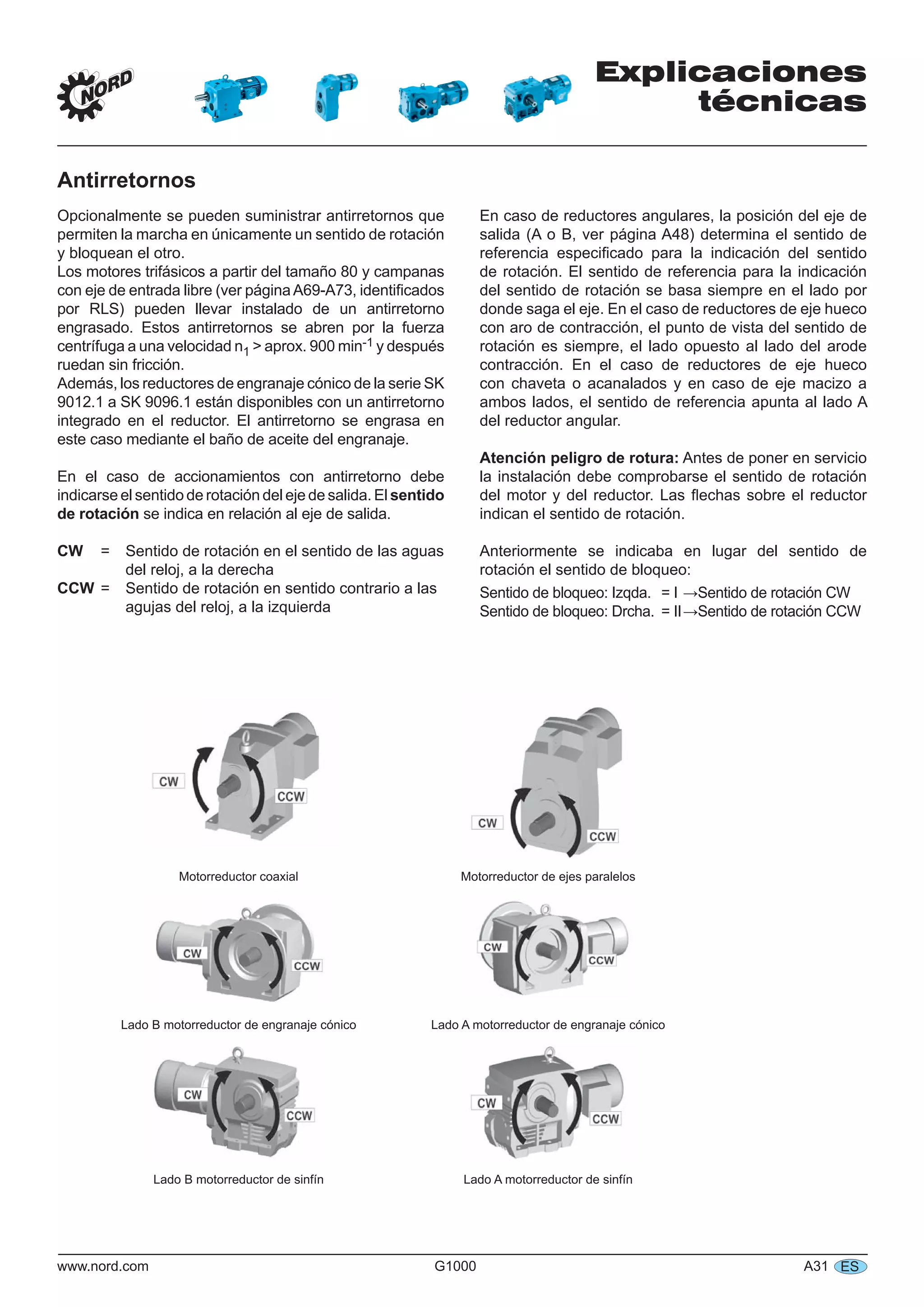 Explicaciones
técnicas
www.nord.com G1000 A31 ES
Opcionalmente se pueden suministrar antirretornos que
permiten la marcha en únicamente un sentido de rotación
y bloquean el otro.
Los motores trifásicos a partir del tamaño 80 y campanas
con eje de entrada libre (ver páginaA69-A73, identiﬁcados
por RLS) pueden llevar instalado de un antirretorno
engrasado. Estos antirretornos se abren por la fuerza
centrífuga a una velocidad n1 > aprox. 900 min-1 y después
ruedan sin fricción.
Además, los reductores de engranaje cónico de la serie SK
9012.1 a SK 9096.1 están disponibles con un antirretorno
integrado en el reductor. El antirretorno se engrasa en
este caso mediante el baño de aceite del engranaje.
En el caso de accionamientos con antirretorno debe
indicarse el sentido de rotación del eje de salida. El sentido
de rotación se indica en relación al eje de salida.
CW = Sentido de rotación en el sentido de las aguas
del reloj, a la derecha
CCW = Sentido de rotación en sentido contrario a las
agujas del reloj, a la izquierda
En caso de reductores angulares, la posición del eje de
salida (A o B, ver página A48) determina el sentido de
referencia especiﬁcado para la indicación del sentido
de rotación. El sentido de referencia para la indicación
del sentido de rotación se basa siempre en el lado por
donde saga el eje. En el caso de reductores de eje hueco
con aro de contracción, el punto de vista del sentido de
rotación es siempre, el lado opuesto al lado del arode
contracción. En el caso de reductores de eje hueco
con chaveta o acanalados y en caso de eje macizo a
ambos lados, el sentido de referencia apunta al lado A
del reductor angular.
Atención peligro de rotura: Antes de poner en servicio
la instalación debe comprobarse el sentido de rotación
del motor y del reductor. Las ﬂechas sobre el reductor
indican el sentido de rotación.
Anteriormente se indicaba en lugar del sentido de
rotación el sentido de bloqueo:
Sentido de bloqueo: Izqda. = I →Sentido de rotación CW
Sentido de bloqueo: Drcha. = II→Sentido de rotación CCW
Motorreductor coaxial Motorreductor de ejes paralelos
Lado B motorreductor de engranaje cónico Lado A motorreductor de engranaje cónico
Lado B motorreductor de sinfín Lado A motorreductor de sinfín
Antirretornos
 
