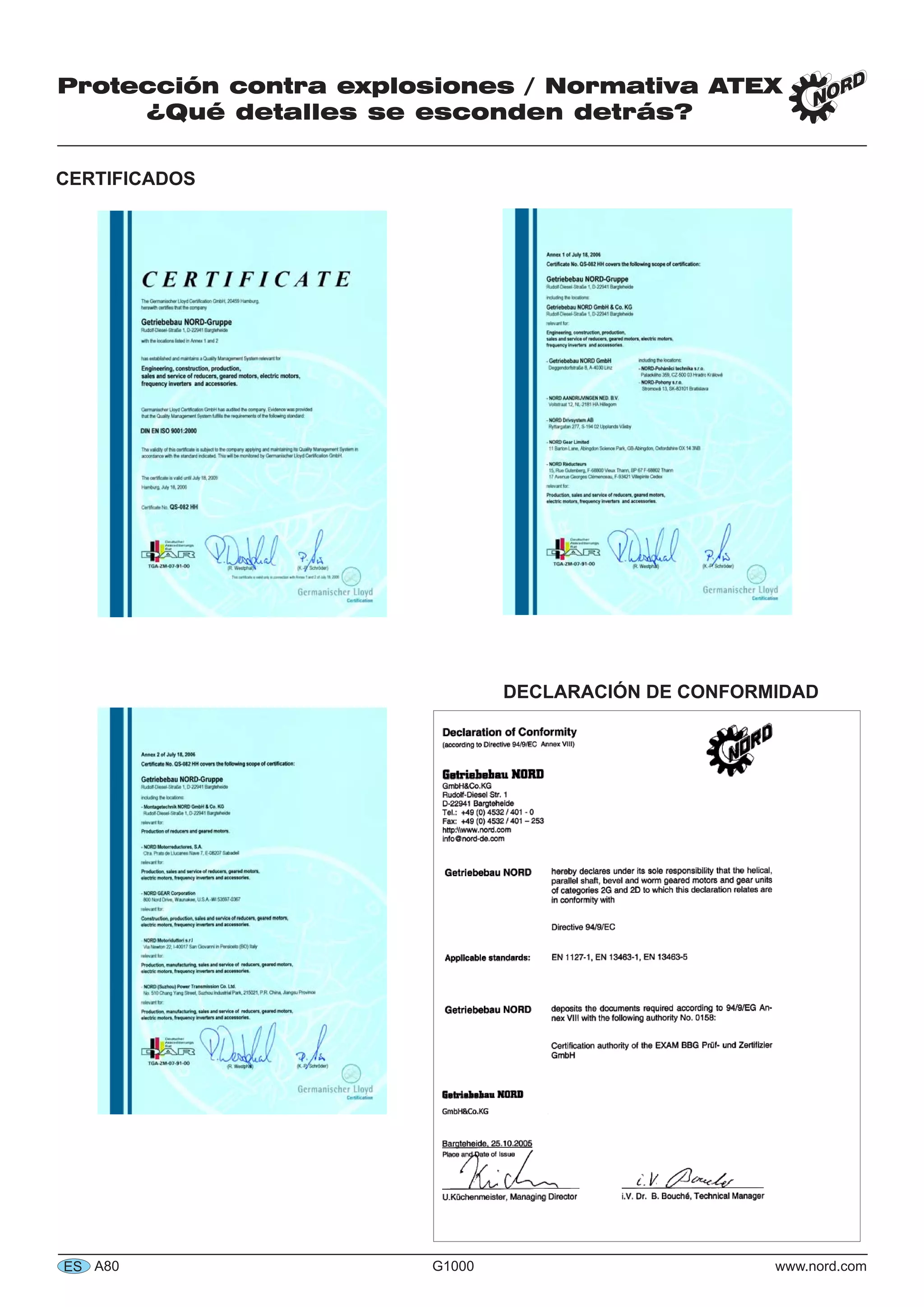 A80 G1000 www.nord.com
Protección contra explosiones / Normativa ATEX
¿Qué detalles se esconden detrás?
ES
CERTIFICADOS
DECLARACIÓN DE CONFORMIDAD
 