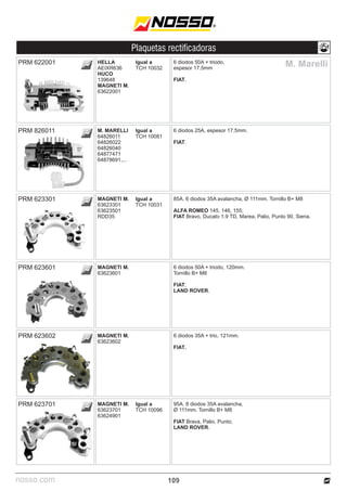 nosso.com
Plaquetas rectificadoras
109
M. Marelli
6 diodos 50A + triodo,
espesor 17.5mm
FIAT.
PRM 622001 HELLA
AEIXR636
HUCO
139648
MAGNETI M.
63622001
Igual a
TCH 10032
6 diodos 25A, espesor 17.5mm.
FIAT.
PRM 826011 M. MARELLI
64826011
64826022
64826040
64877471
64878691,...
Igual a
TCH 10081
85A. 6 diodos 35A avalancha, Ø 111mm. Tornillo B+ M8
ALFA ROMEO 145, 146, 155;
FIAT Bravo, Ducato 1.9 TD, Marea, Palio, Punto 90, Siena.
PRM 623301 MAGNETI M.
63623301
63623501
RDD35
Igual a
TCH 10031
6 diodos 50A + triodo, 120mm.
Tornillo B+ M8
FIAT;
LAND ROVER.
6 diodos 35A + trio, 121mm.
FIAT.
PRM 623601
PRM 623602
MAGNETI M.
63623601
MAGNETI M.
63623602
95A. 8 diodos 35A avalancha,
Ø 111mm. Tornillo B+ M8
FIAT Brava, Palio, Punto;
LAND ROVER.
PRM 623701 MAGNETI M.
63623701
63624901
Igual a
TCH 10096
 