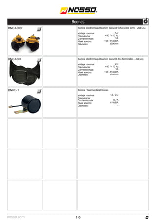 nosso.com
Bocinas
Bocina electromagnética tipo caracol, dos terminales - JUEGO.
Voltaje nominal:
Frecuencia:
Corriente máx:
Nivel sonoro:
Diámetro:
Bocina / Alarma de retroceso
Voltaje nominal:
Frecuencia:
Corriente máx:
Nivel sonoro:
Diámetro:
24v
490 / 410 Hz
3 A
105~118dB A
Ø90mm
12 / 24v
-
0.7 A
110dB A
-
BNCJ-007
BNCJ-007
BNCJ-007
BNRE-1
155
Bocina electromagnética tipo caracol, ficha c/dos term. - JUEGO.
Voltaje nominal:
Frecuencia:
Corriente máx:
Nivel sonoro:
Diámetro:
12v
490 / 410 Hz
5 A
105~118dB A
Ø90mm
BNCJ-003F
 