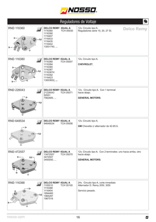 nosso.com
Reguladores de Voltaje
Delco Remy
12v. Circuito tipo A.
CHEVROLET.
DELCO REMY
1116380
1116384
1116385
1116387
1116387H
1116392
1116423
13003652, ...
RND 116380 IGUAL A
TCH 05007
12v. Circuito tipo A.
Reguladores serie 10, 20, 27 SI.
DELCO REMY
1116360
1116390
1116407
1116433
1116435
1116442
13001740, ...
RND 116360 IGUAL A
TCH 05030
D+
B+
FLD
D+
B+
FLD
IGUAL A
TCH 05071
12v. Circuito tipo A. Con 1 terminal
hacia abajo.
GENERAL MOTORS.
DELCO REMY
21226043
50551
7982685, ...
RND 226043
12v. Circuito tipo A.
GM Chevette c/ alternador de 42-65 A.
DELCO REMY
94648534
RND 648534 IGUAL A
TCH 05008
IGUAL A
TCH 05070
IGUAL A
TCH 05100
12v. Circuito tipo A. Con 2 terminales: uno hacia arriba, otro
hacia abajo.
GENERAL MOTORS.
DELCO REMY
13472557
3472557
3493050, ...
RND 472557
24v. Circuito tipo A, corte inmediato
Alternador D. Remy 20SI, 30SI
Servicio pesado.
DELCO REMY
1105510
1116388
1116404
1894460
1984287
1987518
RND 116388
D+
B+
FLD
D+
FLD
D+
FLD
FLD
D+
B+
16
 
