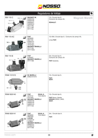 nosso.com
Reguladores de Voltaje
39
RM 119 AC 12v 65A. Circuito tipo A. Consumo de campo 4A.
Línea FIAT.
IGN
FIAT
9939826
9941193
83600151
79707161
79707481,...
MAGNETI MARELLI
RTT119A
RTT119AC
RM 118 C 12v. Circuito tipo A.
Consumo de campo 4A.
RENAULT.
MAGNETI M.
64808182
64808184
64808241
64808243
RTT118C
RTT118E
RTT118J
IGN
Stator
B+
FLD
L
Magneti Marelli
IGN
RM 119 B 24v. Circuito tipo A.
Consumo de campo 2A.
FIAT tractores.
FLD
IGN
FIAT
8190407
MAGNETI MARELLI
RTT119B
RNM 808140 12v. Circuito tipo A.
FIAT Brava, Strada;
NISSAN 200SX, 240X;
SEAT.
FIAT
4475112
4721593
MAGNETI MARELLI
64808106
64808140
64808143
RTT114A
RNM 808141 24v. Circuito tipo A.
FIAT.
FIAT
9959694
9983355
LUCAS
21222119
UCB807
MAGNETI MARELLI
64808141
81200270
RTT114B
IGUAL A
TCH 05016
IGUAL A
TCH 05031
RNM 151010 12v. Circuito tipo A.
FIAT;
SEAT.
M. MARELLI
83603151010
D+ FLD1
FLD2
D+
D+
FLD
FLD
(Verde)
(Verde)
(Rojo)
(Rojo)
 