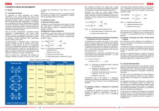 A-82 A-83
Tabela 9.1 Natureza da Carga e Ajuste
Direção da Carga
Rotação do Rolamento Natureza da
Carga
Ajuste
Anel Interno Anel Externo Anel Interno Anel Externo
Rotativo Estático
Carga Rotativa no
Anel Interno
Carga Estática no
Anel Externo
Com
Interferência
Com Folga
Estático Rotativo
Estático Rotativo
Carga Rotativa no
Anel Externo
Carga Estática no
Anel Interno
Com Folga
Com
Interferência
Rotativo Estático
Cargas de Direção Inconstante
Rotativo ou
Estático
Rotativo ou
Estático
Cargas de Direção
Inconstante
Com
Interferência
Com
Interferência
9.1 Ajuste
9.1.1 Importância do Ajuste
Os rolamentos ao serem assentados com reduzida
interferência no eixo, quando girados com carga no anel
interno, podem apresentar entre o anel interno e o eixo um
prejudicial movimento relativo na direção circunferencial.
Esta ocorrência denominada deslizamento, é o fenômeno
que se apresenta em forma de deslocamento da posição
do anel de rolamento em relação ao eixo ou ao alojamento
na direção circunferencial, devido a mudança do ponto de
aplicação da carga nesta direção, nos casos de interferência
insuﬁciente na superfície de ajuste.
Uma vez ocorrido o deslizamento a superfície de ajuste
desgasta-se consideravelmente, em muitos casos
daniﬁcando o eixo ou o alojamento. Além disto, há casos
em que as partículas desgastadas ao penetrarem no interior
do rolamento, causam ocorrências como aquecimento
anormal, vibração, entre outros.
Conseqüentemente, é importante evitar o deslizamento
durante a operação, do anel de rolamento que irá girar
apoiando a carga, ﬁxando-o no eixo ou no alojamento
através de uma interferência adequada. Cabe lembrar que
são também grandes, os casos em que somente com o
aperto do rolamento na direção axial, os deslizamentos não
podem ser evitados. Por outro lado, o anel que apóia a carga
estática, normalmente, não requer a interferência.
Ainda, de acordo com a diﬁculdade das condições de
utilização, instalação e remoção, há casos em que o ajuste
é efetuado sem interferência no anel interno e no anel
externo.
Nestes casos, em relação aos danos na superfície de ajuste
que podem ser previstos com o deslizamento, cuidados
além da lubriﬁcação devem ser tomados.
9.1.2 Seleção do Ajuste
(1) Natureza da Carga e Ajuste
A seleção do ajuste é determinada pela direção da carga
que incide sobre os rolamentos e as condições de giro
dos anéis internos e externos, normalmente, podem ser
baseada na tabela 9.1.
(2) Magnitude da Carga e Interferência
A interferência no anel interno diminui sob a ação da carga
radial. A intensidade desta diminuição na interferência
do anel interno, normalmente, pode ser calculada pelas
equações a seguir:
Onde ∆dF: Diminuição da interferência no
anel interno (mm)
d: Diâmetro do furo (mm)
B: Largura do anel interno (mm)
Fr: Carga radial atuante no rolamento (N), {kgf}
9 AJUSTE E FOLGA DE ROLAMENTO Nas condições de trabalho com cargas leves e cargas
normais, deve-se ter previamente considerada a diminuição
da intensidade de interferência obtida pela equação 9.1.
Entretanto, nos casos de cargas radiais pesadas,
superiores a 20% da capacidade de carga estática - C0r, por
serem conhecidos os casos de interferência insuﬁciente, a
interferência mínima requerida deve ser determinada pela
equação 9.2:
Onde ∆dF: Interferência efetiva requerida (mm)
Fr: Carga radial atuante no rolamento (N), {kgf}
B: Largura do anel interno (mm)
(3)Variação da Interferência Devido a Diferença deTemperatura
do Rolamento com o Eixo e o Alojamento
A interferência da superfície de ajuste do anel interno
diminui em razão do aumento de temperatura do rolamento
durante a operação. Deste modo, se ∆T (°C) for a diferença
de temperatura entre o interior do rolamento e o alojamento,
a diferença da temperatura na superfície de ajuste entre o
eixo e o anel interno pode ser estimada como sendo de
aproximadamente (0.1 ~ 0.15) ∆T.
Conseqüentemente, a diminuição da interferência no anel
interno devido a esta diferença de temperatura - ∆dT, pode
ser determinada pela equação 9.3:
Onde ∆dT : Diminuição da interferência devido a diferença
de temperatura (mm)
∆T : Diferença de temperatura entre o interior do
rolamento e o alojamento (°C)
α: Coeﬁciente de expansão linear do aço para
rolamento = 12.5 x 10 -6
(1/°C)
d: Diâmetro do Furo (mm)
Inversamente, entre o anel externo e o alojamento,
dependendo da diferença de temperatura e do coeﬁciente
de expansão linear, há casos em que a interferência pode
aumentar.
(4) Interferência Efetiva e Acabamento da Superfície
de Ajuste
A rugosidade da superfície de ajuste é esmagada na
execução do trabalho de assentamento, com isto, a
interferência efetiva ﬁca menor que a interferência
aparente.
A diminuição desta interferência aparente, varia de acordo
com o acabamento da superfície de ajuste; entretanto, a
interferência efetiva pode ser encontrada, em geral, pelas
equações a seguir:
Onde ∆d: Interferência efetiva (mm)
∆da: Interferência aparente (mm)
d: Diâmetro do Furo (mm)
De acordo com as equações 9.4 e 9.5, a interferência efetiva
dos rolamentos com o diâmetro do furo nos limites de 30
a 150 mm, é de aproximadamente 95% da interferência
aparente
(5) Expansão e Contração dos Anéis e Tensão devido
ao Ajuste
Os rolamentos ao serem instalados com interferência, no
eixo ou no alojamento, são tencionados pela expansão ou
contração dos anéis.
A interferência excessiva pode provocar a avaria dos anéis,
por isto, como orientação, a interferência máxima deve ser
mantida por segurança, abaixo de 7/10 000 do diâmetro
do eixo.
A pressão na superfície de ajuste, a expansão e contração
dos anéis e a tensão na direção circunferencial, podem ser
calculadas pelas equações apresentadas no parágrafo 15.2,
referente ao ajuste, item (1), páginas A130 e A131.
9.1.3 Ajuste Recomendado
Conforme descrito anteriormente, para a seleção do ajuste
adequado às aplicações devem ser considerados os fatores
condicionantes, como: a natureza da carga, a intensidade,
as condições de temperatura, e a instalação e remoção dos
rolamentos.
Em casos como o de alojamentos com pouca espessura
ou casos de instalação do rolamento em eixos vazados,
há necessidade da interferência ser aumentada acima do
normal.
Os alojamentos bipartidos por deformarem o anel externo
do rolamento com freqüência, devem ser evitados nos
casos em que as condições de aplicação exigirem o ajuste
com interferência no anel externo. Ainda, em aplicações
com vibrações consideráveis, o anel interno e o anel externo
devem ser ajustados com interferência.
O mais comum dos ajustes recomendados são indicados
nas tabelas 9.2 a 9.7. Nos casos de condições especiais de
aplicação, solicitamos consultar a NSK; quanto a precisão e
rugosidade do eixo e alojamento, consulte o parágrafo 11.1
na página A100.
∆
∆
d
d
B
F
d
d
B
F
F r
F r
=
=







−
−
0 08 10
0 25 10
9 1
3
3
.
.
... ( . )
x ........ (N)
x ...... {kgf}
∆
∆
d
F
B
d
F
B
F
r
F
r






0 02
0 2
9 2
.
.
... ( . )
x10 .........(N)
x10 ...... {kgf}
-3
-3
м
м
∆ ∆
∆
d T d
T d
T = 0 10 0 15
0 0015
( . ~ . )
. x10-3
α
Լ ................................( . )9 3
.........( . )
.........( . )
2
9 4
3
9 5
Eixo retificado =
Eixo torneado =
∆ ∆
∆ ∆
d
d
d
d
d
d
d
d
a
a
+
+
 