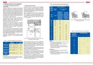 A-100 A-101
11.1 Precisão e Rugosidade de Eixos e
Alojamentos
O eixo ou o alojamento com precisão que não atenda o
especiﬁcado, faz com que o rolamento sofra a inﬂuência
desta, não permitindo obter a performance requerida. Por
exemplo, caso haja deﬁciência na precisão do encosto das
partes de assentamento, ocorre o desalinhamento entre os
anéis interno e externo, acarretando além da carga normal,
uma carga concentrada nas extremidades (carga de canto),
diminuindo a vida de fadiga do rolamento. Além disto, há
casos também de se tornar a razão de ocorrências como a
avaria da gaiola e o superaquecimento.
Os alojamentos devem ser rígidos o suﬁciente para
proporcionar ﬁrme suporte ao rolamento, com pouca
deformação devido a cargas externas; quanto maior a
rigidez, mais vantajosas são para os aspectos como a
distribuição da carga e o ruído do rolamento.
O acabamento da superfície de ajuste para as condições
normais de uso, pode ser de torneado ou ainda de
mandrilado, mas em casos onde as condições de carga são
excessivamente severas ou em aplicações de solicitação
rigorosa quanto ao ruído e vibração, o acabamento de
retíﬁca torna-se necessário.
Nos casos em que dois ou mais rolamentos são alinhados
em uma carcaça interiça, a superfície de ajuste da carcaça
deve ser projetada de forma a permitir a usinagem passante
dos assentos numa única operação;nas carcaças bipartidas,
pela possibilidade de fazer deformar o anel externo, deve-se
tomar cuidado quando da usinagem.
A precisão e a rugosidade dos eixos e alojamentos estão
relacionadas na tabela 11.1, para as condições normais de
utilização.
Tabela 11.1 Precisão e Rugosidade do Eixo e Alojamento
11.2 Dimensões de encosto
O encosto do eixo ou o encosto do furo do alojamento
que ﬁca em contato com a face lateral do rolamento,
em caso de deﬁnir a posição na direção axial, quando o
rolamento for instalado no eixo ou no alojamento, deve ser
perpendicularmente acabado em relação à linha de centro
do eixo (Consulte a tabela 11.1)
Ainda, o arredondamento do canto do eixo e do alojamento,
deve ser efetuado de maneira que não tenha contato
com o chanfro do rolamento; conseqüentemente, o raio
ra de arredondamento do canto, deve ter valores que não
ultrapassem o valor mínimo das dimensões do chanfro
r ou r1 do rolamento.
Fig. 11.1 Chanfro do Rolamento, Raio de Canto do Eixo e do
Alojamento, e Altura do Encosto
As alturas do encosto no eixo e do encosto no alojamento
para os rolamentos radiais devem ser suﬁcientes, não
somente para proporcionar adequado apoio à lateral dos
anéis, mas ainda, para permitir o posicionamento dos
dispositivos extratores. As alturas mínimas dos encostos
estão relacionados na tabela 11.2.
As dimensões referentes ao encosto estão relacionadas nas
tabelas de dimensões dos rolamentos, em diâmetros que
tem considerado as alturas destes encostos.
Especialmente, nos rolamentos de rolos cônicos e nos de
rolos cilíndricos em que haja solicitação de carga axial,
há necessidade do encosto com dimensão e resistência
suﬁcientes para suportar o rebordo do rolamento.
Ainda,osvaloresdehera sãoadotadosparaarredondamento
de canto do eixo ou do alojamento, conforme o da ﬁgura
11.2 caso (a), enquanto para a dimensão de saída dos eixos
retiﬁcados, conforme o da ﬁgura 11.2 caso (b), geralmente
são usados os valores da tabela 11.3.
11 PROJETO DE EIXO E ALOJAMENTO Tabela 11.2 Raios de Canto do Eixo e do Alojamento, e Altura
do Encosto para Rolamentos Radiais da Série Métrica
Fig. 11.2 Configuração e Dimensões do Chanfro do Rolamento
e Raio de Canto do Eixo
Tabela 11.3 Dimensões de Saída para Eixos Retificados
Item
Classe do
Rolamento
Eixo
Furo do
Alojamento
Tolerância da
Circularidade
Classe N, Classe 6
Classe 5, Classe 4
IT3-IT4
IT2-IT3
IT4-IT5
IT2-IT3
Tolerância da
Cilindricidade
Classe N, Classe 6
Classe 5, Classe 4
IT3-IT4
IT2-IT3
IT4-IT5
IT2-IT3
Tolerância do
Desvio de Giro
Classe N, Classe 6
Classe 5, Classe 4
IT3
IT3
IT3-IT4
IT3
Rugosidade da
Superfície de
Ajuste
Rmax
Rolamentos Pequenos
Rolamentos Grandes
3.2S
6.3S
6.3S
12.5S
Observação
Os indicados na tabela são para uso genérico, a classe
de tolerância básica (IT) deve ser selecionada de acordo
com a classe de precisão do rolamento.
Dimen-
sões
Nominais
dos
Chanfros
Eixo ou Alojamento
Raio de
Canto
Altura do Encosto
h (min)
r (min)
ou
r1 (min)
ra (max)
Rolamento Fixo
de Esferas (¹),
Rolamento Au-
tocompensador
de Esferas, Rola-
mento de Rolos
Cilíndricos (¹),
Rolamento de
Rolos Agulha
Rolamento
de Contato
Angular, Rola-
mento de Rolos
Cônicos (²),
Rolamento Au-
tocompensador
de Rolos
0.05 0.05 0.2 -
0.08 0.08 0.3 -
0.1 0.1 0.4 -
0.15 0.15 0.6 -
0.2 0.2 0.8 -
0.3 0.3 1 1.25
0.6 0.6 2 2.5
1 1 2.5 3
1.1 1 3.25 3.5
1.5 1.5* 4 4.5
2 2* 4.5 5
2.1 2 5.5 6
2.5 2 - 6
3 2.5* 6.5 7
4 3* 8 9
5 4* 10 11
6 5* 13 14
7.5 6 16 18
9.5 8 20 22
12 10 24 27
15 12 29 32
19 15 38 42
Dimensões
Nominais dos
Chanfros
r (min) ou r1 (min)
Dimensões de Saída
t rg b
1 0.2 1.3 2
1.1 0.3 1.5 2.4
1.5 0.4 2 3.2
2 0.5 2.5 4
2.1 0.5 2.5 4
2.5 0.5 2.5 4
3 0.5 3 4.7
4 0.5 4 5.9
5 0.6 5 7.4
6 0.6 6 8.6
7.5 0.6 7 10
Notas
(¹) Os rolamentos com solicitação de carga axial necessi-
tam de altura do encosto maior.
(²) Os casos com carga axial pesada necessitam de
altura do encosto maior.
* Excluem-se os rolamentos de rolos cônicos, os ra
(max) para estes rolamentos constam na tabela de
dimensões dos rolamentos.
Observação
1. Para os rolamentos axiais são também usados os
mesmos raios de canto.
2. Nas tabelas de dimensões dos rolamentos, como di-
mensões de encosto estão relacionados os diâmetros
e não as alturas do encosto.
unidade: mm
unidade: mm
 