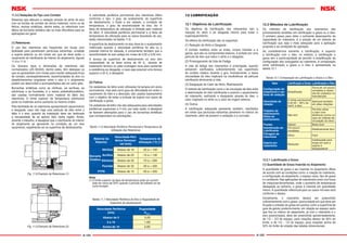 A-104 A-105
11.3.2 Vedações do Tipo com Contato
Sistemas que efetuam a vedação através do atrito do eixo
com as bordas de contato de vários materiais, como os de
feltros, resinas sintéticas, dentre estes, os retentores com
lábios de borracha sintética são os mais difundidos para as
aplicações em geral.
(1) Retentores
O uso dos retentores são freqüentes em locais com
facilidade para penetrarem partículas estranhas, umidade
e sujeira externa ou em locais em que se deve evitar o
vazamento do lubriﬁcante do interior do alojamento, ﬁguras
11.8 e 11.9.
Os diversos tipos e dimensões de retentores são
normalizados (JIS B2402), dentre estes, têm destaque os
que se apresentam com molas para manter adequada força
de contato; conseqüentemente, excentricidades do eixo ou
desalinhamentos angulares entre o eixo e o alojamento
podem ser absorvidos e acompanhados até um certo grau.
Borrachas sintéticas como as nitrílicas, as acrílicas, as
silicônicas e as ﬂuoradas, e a resina politetraﬂuoretileno,
são usadas normalmente como material do lábio dos
retentores. O limite superior da temperatura admissível
parta os materiais acima aumenta na mesma ordem.
Pela facilidade de os retentores apresentarem aquecimento
e desgaste, caso não haja uma película de óleo entre o
lábio e o eixo, quando da instalação deve ser lembrada
a necessidade de se aplicar óleo nesta região. Ainda,
durante o trabalho, é desejável que o lubriﬁcante do interior
do alojamento se apresente na condição de um leve
vazamento, espalhando-se na superfície de deslizamento.
A velocidade periférica permissível dos retentores difere
conforme o tipo, o grau de acabamento da superfície
de deslizamento, o ﬂuido a ser vedado, a condição de
temperatura, o grau de excentricidade do eixo, etc. A
faixa da temperatura de utilização é limitada pelo material
do lábio. A velocidade periférica permissível e a faixa de
temperatura de utilização para os casos favoráveis de uso,
estão relacionadas na tabela 11.6.
A superfície de deslizamento no eixo deve ter o acabamento
melhorado quando a velocidade periférica for alta ou a
pressão interna for elevada, é conveniente também que a
excentricidade do eixo esteja em níveis de 0,02 a 0,05 mm.
A dureza da superfície de deslizamento no eixo tem
necessidade de se fazer acima de 40 Rc, através de
tratamento térmico ou pela cromagem dura para aumentar
a resistência ao desgaste, e caso seja possível uma dureza
superior a 55 Rc e desejável.
(2) Feltros
Os vedadores de feltro eram utilizados há tempos em eixos
acionadores, mas pelo certo grau de diﬁculdade em evitar o
vazamento do óleo e a absorção, são usados basicamente
com o objetivo de evitar a entrada de sujeira nos casos de
lubriﬁcação a graxa.
Os vedadores de feltro não são adequados para velocidades
periféricas superiores a 4 m/s, por esta razão, é desejável
se fazerem alterações para o uso de borrachas sintéticas
que correspondam às solicitações.
Fig. 11.8 Exemplo de Retentores (1)
Fig. 11.9 Exemplo de Retentores (2)
Tabela 11.7 Velocidade Periférica do Eixo e Rugosidade da
Superfície de Deslizamento
Tabela 11.6 Velocidade Periférica Permissível e Temperatura de
Utilização dos Retentores
12 LUBRIFICAÇÃO
12.1 Objetivos da Lubrificação
Os objetivos da lubriﬁcação dos rolamentos são a
redução do atrito e do desgaste interno para evitar o
superaquecimento.
Os efeitos da lubriﬁcação são os seguintes:
(1) Redução do Atrito e Desgaste
O contato metálico entre os anéis, corpos rolantes e a
gaiola, que são os componentes básicos, é evitado por uma
película de óleo que reduz o atrito e o desgaste.
(2) Prolongamento da Vida de Fadiga
A vida de fadiga dos rolamentos é prolongada, quando
estiverem lubriﬁcados suﬁcientemente nas superfícies
de contato rotativo durante o giro. Inversamente, a baixa
viscosidade do óleo implicará na insuﬁciência da película
lubriﬁcante diminuindo a vida.
(3) Dissipação do Calor de Atrito, Resfriamento
O método de lubriﬁcação como o de circulação de óleo evita
a deterioração do óleo lubriﬁcante e previne o aquecimento
do rolamento, resfriando e dissipando através do óleo, o
calor originado no atrito ou o calor de origem externa.
(4) Outros
A lubriﬁcação adequada apresenta também, resultados
em evitar que partículas estranhas penetrem no interior do
rolamento, além de prevenir a oxidação e a corrosão.
12.2 Métodos de Lubrificação
Os métodos de lubriﬁcação dos rolamentos são
primeiramente divididos em lubriﬁcação a graxa ou a óleo.
O primeiro passo para obter o suﬁciente desempenho da
capacidade do rolamento, é a adoção de um método de
lubriﬁcação que seja o mais adequado para a aplicação
proposta e as condições de operação.
Ao considerarmos somente a lubriﬁcação, é superior
a lubriﬁcação com o óleo, no entanto, a lubriﬁcação a
graxa tem a particularidade de permitir a simpliﬁcação da
conﬁguração dos conjugados ao rolamento. A comparação
entre lubriﬁcação a graxa e a óleo é apresentada na
tabela 12.1.
Tabela 12.1 Comparação de Lubrificação a Graxa e a Óleo
12.2.1 Lubrificação a Graxa
(1) Quantidade de Graxa Inserida no Alojamento
A quantidade de graxa a ser inserida no alojamento difere
de acordo com as condições como: a rotação do rolamento,
a conﬁguração do alojamento, o espaço vazio, tipo de graxa
e o ambiente.Nas aplicações de rolamentos como nos fusos
de máquinas-ferramentas, onde o aumento de temperatura
desagrada ao extremo, a graxa é inserida em quantidade
menor. A quantidade referencial para os casos normais será
conforme o abaixo.
Inicialmente, o rolamento deverá ser preenchido
suﬁcientemente com a graxa, oportunidade em que deve ser
forçada a entrada da graxa em pontos como a superfície de
guia da gaiola; posteriormente, em relação ao espaço vazio
que ﬁca no interior do alojamento, já com o rolamento e o
eixo posicionados, deve ser preenchido aproximadamente,
de 1/2 ~ 2/3 do espaço, para rotações abaixo de 50% do
limite, e de 1/3 ~ 1/2 do espaço, para rotações acima de
50% do limite de rotação das tabelas dimensionais.
Material do
Retentor
Velocidade Peri-
férica Permissí-
vel (m/s)
Temperatura de
Utilização (°C) (¹)
Borracha
Sintética
Nitrílica Abaixo de 16 -25 a + 100
Acrílica Abaixo de 25 -15 a + 130
Silicônica Abaixo de 32 -70 a + 200
Fluorada Abaixo de 32 -30 a + 200
PTFE Abaixo de 15 -50 a + 220
Velocidade Periférica
(m/s)
Rugosidade
Rmax
Abaixo de 5 3.2S
5 a 10 1.6S
Acima de 10 0.8S
Item Lubriﬁcação a Graxa Lubriﬁcação a Óleo
Conﬁguração do
alojamento e sis-
tema de vedação
Simpliﬁcada
Torna-se um pouco
complexa e neces-
sita de cuidados na
manutenção
Velocidade de
rotação
O limite permissível
é de 65 ~ 80% da
lubrif. a óleo
Aplicável também
em altas rotações
Trabalho de
resfriamento
Efeito de
resfriamento
Não tem
Permite retirar
o calor com
eﬁciência (como no
caso do método de
circulação do óleo)
Fluidez Inferior Muito bom
Substituição do
Lubriﬁcante
Um pouco
complexa
Relativamente fácil
Filtragem de
impurezas
Difícil Fácil
Sujeira por
vazamento
Reduzido
Inadequada para
locais em que a
sujeira é
desagradável
Nota
(¹) O limite superior da faixa de temperatura pode ser aumen-
tada em cerca de 20ºC quando o período de trabalho for de
curta duração.
 