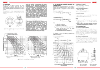 A-106 A-107
(2) Relubriﬁcação
A graxa, uma vez aplicada, geralmente não requer
relubriﬁcação por um longo período de tempo, mas
dependendo das condições de operação, há casos em que
se faz necessário relubriﬁcar freqüentemente ou substituir
a graxa.
Conseqüentemente, em tais casos, o alojamento deve ser
projetado de forma a facilitar a complementação ou a troca
da graxa.
Quando os intervalos de relubriﬁcação forem breves,
providenciar furos de relubriﬁcação e drenagem em
posições adequadas no alojamento, para possibilitar que
a graxa deteriorada possa ser substituída por graxa nova.
Por exemplo, o espaço vazio do alojamento no lado da
relubriﬁcação do rolamento, pode ser separado em vários
setores através dos divisores de graxa, fazendo com que
a graxa preenchida somente em um dos setores, escorra
para o interior do rolamento. A graxa forçada para fora do
rolamento, por sua vez é eliminada do alojamento pela
válvula de graxa e o dreno (Figura 12.1). Se não houver uma
válvula de graxa, o espaço do lado da descarga deve ser
ampliado, para reter neste, a graxa velha que será retirada
periodicamente removendo-se a tampa.
(3) Intervalo de Relubriﬁcação com a Graxa
A graxa por melhor que seja, junto com o passar do tempo
terá as condições naturais deterioradas, diminuindo as
propriedades lubriﬁcantes, conseqüentemente torna-se
necessário efetuar a relubriﬁcação. Os intervalos de
relubriﬁcação com a graxa em termos de tempo de trabalho
são indicados nas ﬁguras 12.2 (1) e (2), que são valores
referenciais aproximados. Os valores são válidos para
temperatura do rolamento inferior a 70°C, acima desta
temperatura, a cada aumento de 15°C é necessário que o
intervalo de relubriﬁcação seja reduzido pela metade.
Fig. 12.1 Exemplo de Utilização Combinada dos Divisores de
Graxa com Válvula de Graxa
Fig. 12.2 Intervalo de Relubrificação com a Graxa
(4) Vida da Graxa dos Rolamentos de Esferas com
Placas de Proteção
A vida da graxa dos rolamentos ﬁxos de uma carreira de
esferas, com placas de blindagem ou vedação, pode ser
estimada por meio da equação 12.1, 12.2 ou pela ﬁgura
12.3.
Graxa para uso genérico (1
)
Onde
t: Vida media da graxa (h)
n: Velocidade de rotação (rpm)
Nmax: Limite de rotação com lubriﬁcação a graxa (rpm)
(valores para os tipo ZZ e VV das tabelas
dimensionais dos rolamentos)
T: Temperatura de trabalho do rolamento (°C)
As equações 12.1 e 12.2 ou a ﬁgura 12.3 se aplicam nas
seguintes condições:
(b) Temperatura de trabalho T
No caso da graxa de uso genérico (1
)
40°C Ϲ T Ϲ 120°C
No caso da graxa de faixa ampla (2
)
40°C Ϲ T Ϲ 140°C
Quando T < 40°C, considerar T = 40°C
(c) Carga no rolamento
A carga no rolamento deve ser em níveis de 1/10 ou menos
da capacidade de carga básica dinâmica Cr.
Notas
(1) Graxas a base de óleo mineral que são usadas com
freqüência em níveis de – 10 ~ 110°C (por exemplo as
graxas de lítio).
(2) Graxas a base de óleo sintético que podem ser usadas
numa ampla faixa de temperatura, níveis de -40 ~ 130°C.
12.2.2 Lubrificação a Óleo
(1) Lubriﬁcação por Banho de Óleo
A lubriﬁcação por banho de óleo é o método mais comum
de lubriﬁcação, sendo amplamente utilizada em rotações
baixas ou médias. O nível de óleo, por norma, deve ﬁcar no
centro do corpo rolante na posição mais baixa; desejável
dispor de um visor para poder conﬁrmar com facilidade o
nível de óleo (Figura 12.4).
(2) Lubriﬁcação por Gotejamento
A lubriﬁcação por gotejamento é um método amplamente
utilizado em pequenos rolamentos de esferas que operem
em rotações relativamente altas; conforme a ﬁgura 12.5,
o óleo ﬁca no copo conta-gotas, o gotejamento do óleo é
ajustado por um parafuso no topo do lubriﬁcador.
Fig. 12.3 Vida da Graxa dos Rolamentos de Esferas com
Placas de Proteção
Fig. 12.5 Lubrificação
por Gotejamento
Fig. 12.4 Lubrificação
por Banho de Óleo
log t
n
N
n
N
T
log t
n
N
n
N
T
max max
max max
= − − −






= − − −






6 54 2 6 0 025 0 012
12 1
6 12 1 4 0 018 0 006
12 2
. . . .
............................( . )
)
. . . .
............................( . )
Graxa de faixa ampla (2
n
n
N
n
N
n
N
max
max max
< =
0 25 1
0 25 0 25
.
. .
(a) Velocidade de rotação,
Quando , considerar
Ϲ Ϲ
 