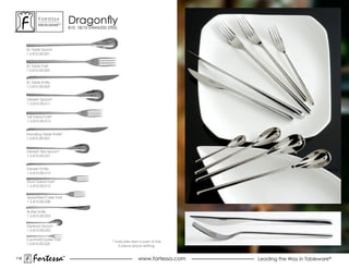 ForTessa
             MeTaLWare™
                                  Dragonfly
                                  810, 18/10 STAINLESS STEEL




      XL Table spoon
      1.5.810.00.001


      XL Table Fork
      1.5.810.00.002


      XL Table Knife
      1.5.810.00.005


      Dessert spoon*
      1.5.810.00.011


      Tall salad Fork*
      1.5.810.00.013


      standing Table Knife*
      1.5.810.00.007


      Dessert Tea spoon*
      1.5.810.00.021


      Dessert Knife
      1.5.810.00.015

      short salad Fork*
      1.5.810.00.012


      Appetizer/Cake Fork
      1.5.810.00.038

      Butter knife
      1.5.810.00.053

      espresso spoon
      1.5.810.00.022

      Cocktail/Oyster Fork
                                                         * Indicates item is part of the
      1.5.810.00.023
                                                             5 piece place setting.


118
         Fortessa             ®
                              ®
                                                                         www.fortessa.com   Leading the Way in Tableware®
 