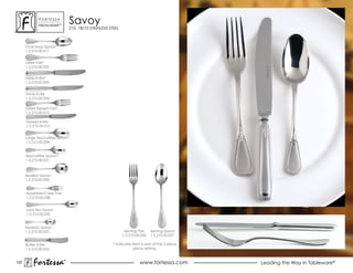 ForTessa
             MeTaLWare™
                                savoy
                                210, 18/10 STAINLESS STEEL



      oval soup spoon*
      1.5.210.00.011


      Table Fork*
      1.5.210.00.002


      Table Knife*
      1.5.210.00.005


      steak Knife
      1.5.210.00.006

      salad Dessert Fork*
      1.5.210.00.012

      Dessert Knife
      1.5.210.00.015


      Large Tea/coffee Spoon*
      1.5.210.00.004


      Tea/coffee Spoon*
      1.5.210.00.021



      Bouillon spoon
      1.5.210.00.003


      Appetizer/Cake Fork
      1.5.210.00.038


      Iced Tea Spoon
      1.5.210.00.035


      espresso spoon
      1.5.210.00.022                                          serving Fork    serving spoon
                                                             1.5.210.00.026   1.5.210.00.027

      Butter Knife                                     * Indicates item is part of the 5 piece
      1.5.210.00.053                                                place setting.


122
          Fortessa          ®
                            ®
                                                                       www.fortessa.com          Leading the Way in Tableware®
 