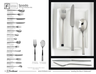 ForTessa
              MeTaLWare™
                                spada
                                170, 18/10 STAINLESS STEEL



      Table spoon
      1.5.170.00.001

      Table Fork*
      1.5.170.00.002


      Table Knife*
      1.5.170.00.005

      steak Knife*
      1.5.170.00.006


      salad Dessert Fork*
      1.5.170.00.012

      Dessert spoon*
      1.5.170.00.011


      Tea/coffee Spoon*
      1.5.170.00.021


      espresso spoon
      1.5.170.00.022

      Bouillon spoon
      1.5.170.00.003

      Appetizer/Cake Fork
      1.5.170.00.038


      Butter Knife
      1.5.170.00.053

      Dessert Knife
      1.5.170.00.015

      Fish Fork
      1.5.170.00.031
                                                           serving Fork    serving spoon
                                                          1.5.170.00.026   1.5.170.00.027
      Fish Knife
      1.5.170.00.032

      Iced Tea Spoon                            * Indicates item is part of the 5 piece
      1.5.170.00.035                                         place setting.

126
          Fortessa          ®
                                                                        www.fortessa.com    Leading the Way in Tableware®
 