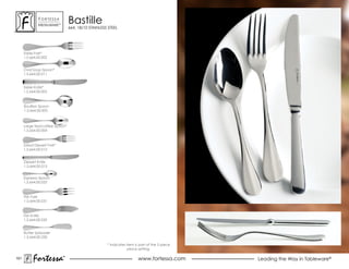 ForTessa
              MeTaLWare™
                                Bastille
                                664, 18/10 STAINLESS STEEL




      Table Fork*
      1.5.664.00.002


      oval soup spoon*
      1.5.664.00.011


      Table Knife*
      1.5.664.00.005



      Bouillon spoon
      1.5.664.00.003



      Large Tea/coffee Spoon*
      1.5.664.00.004



      salad Dessert Fork*
      1.5.664.00.012


      Dessert Knife
      1.5.664.00.015


      espresso spoon
      1.5.664.00.022



      Fish Fork
      1.5.664.00.031



      Fish Knife
      1.5.664.00.032


      Butter spreader
      1.5.664.00.220

                                                    * Indicates item is part of the 5 piece
                                                                 place setting.

151
           Fortessa         ®
                            ®
                                                                       www.fortessa.com       Leading the Way in Tableware®
 