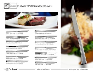 FLaTWare PaTTerN sTeaK KNIvES
              ForTessa
              MeTaLWare™




      Lucca steak Knife, 1.5.102.00.006           Forge steak Knife, 1.5.109.00.006



      Lucca Faceted steak Knife, 1.5.102.FC.006   Metropolitan steak Knife, 1.5.120.00.006



      Doria steak Knife, 1.5.131.00.006
                                                  Pantheon steak Knife, 1.5.101.00.006


      Bistro steak Knife, 1.5.130.00.006
                                                  Pantheon satin steak Knife, 1.5.101.Fr.006


      Caviar steak Knife, 1.5.136.00.006
                                                  Grand City steak Knife, 1.5.622.00.006


      spada steak Knife, 1.5.170.00.006
                                                  apollo steak Knife, 1.5.700.00.006


      scalini steak Knife, 1.5.154.00.006
                                                  Filet steak Knife, 1.5.143.00.006



163
           Fortessa         ®
                            ®
                                                     www.fortessa.com                          Leading the Way in Tableware®
 
