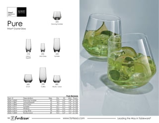 Pure
                                                            (65)
                                                    Dancing Tumbler


Tritan® Crystal Glass




                         (15)         (35)                  (42)
                    Juice /         Shot Glass            Tumbler
                    aperitif




                        (60)           (79)                 (89)
                        D.O.F.        Collins           Rocks / Juice




                                                                               Pure Barware
Item #            Description                    Size        Oz.        Ht.      Wd. Pack
0026.116563       Dancing Tumbler                 65         13.2       3.5”     3.8”   6 / GB
0026.112841       Juice/Appertif                  15          8.3       5.5”     2.4”   6 / GB
0026.112843       Shot Glass                      35          3.2       3.7”     1.9”   6 / GB
0026.113771       Tumbler                         42         12.1       5.7”     2.8”   6 / GB
0026.112417       Whiskey                         60         13.2       3.5”     3.8”   6 / GB
0026.112419       Long drink                      79         18.3       6.5”     3.1”   6 / GB
0026.112844       Rocks/Juice                     89         10.3       3.3”     3.5”   6 / GB


195
         Fortessa           ®
                                                                        www.fortessa.com         Leading the Way in Tableware®
 