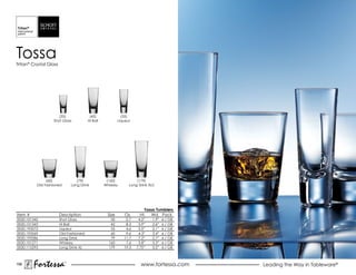 Tossa
Tritan® Crystal Glass




                     (35)                (42)               (55)
                  Shot Glass            Hi Ball           Liqueur




               (60)              (79)              (160)            (179)
          Old Fashioned       Long Drink          Whiskey       Long Drink XL0




                                                                        Tossa Tumblers
Item #                  Description                Size      Oz.      Ht.   Wd. Pack
0020.101342             Shot Glass                   35       2.7    4.2”    1.9”   6 / GB
0020.101343             Hi Ball                      42       8.3    5.9”    2.6”   6 / GB
0020.193572             Liqueur                      55       4.6    5.5”    2.1”   6 / GB
0020.193569             Old-Fashioned                60       9.6    4.3”    3.4”   6 / GB
0020.193586             Long Drink                   79      11.7    7.2”    2.7”   6 / GB
0020.101271             Whiskey                     160       7.6    3.8”    3.3”   6 / GB
0020.115293             Long Drink XL               179      19.3   7.75”    3.5”   6 / GB



196
         Fortessa         ®
                                                                      www.fortessa.com       Leading the Way in Tableware®
 