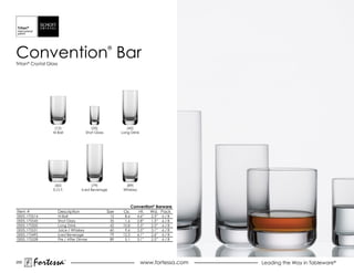 Convention Bar                                        ®

Tritan® Crystal Glass




                   (12)                    (35)                (42)
                  Hi Ball               Shot Glass          Long Drink




                   (60)                    (79)               (89)
                  D.O.F.              Iced Beverage          Whiskey



                                                                 Convention® Barware
Item #                  Description                  Size    Oz.    Ht.   Wd. Pack
0005.175514             Hi Ball                       12      8.6      4.6”   2.5”   6/B
0005.175545             Shot Glass                    35      1.6      2.8”   1.5”   6/B
0005.175500             Long Drink                    42     10.8      5.5”   2.5”   6/B
0005.175531             Juice / Whiskey               60      9.6      3.5”   3.1”   6/B
0005.175495             Iced Beverage                 79     12.5      6.1”   2.6”   6/B
0005.175528             Pre / After Dinner            89      5.1      3.1”   2.5”   6/B




200
         Fortessa           ®
                                                                         www.fortessa.com   Leading the Way in Tableware®
 