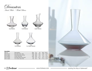 (1000)                       (750)                       (1000)
         Diva Decanter               Forté Decanter               Castor Decanter




                         (750)                        (750)
                     Pure Decanter             Cru Classic Decanter




Decanters
Item #              Description                            Size    Oz.      Ht.     Wd. Pack
0019.104112         Diva Decanter 1 liter                  1000    33.8    8.9”      8.8”   1 / GB
0019.114351         Forte Decanter 3/4 liter                750    25.3    9.3”      5.7”    1/B
0019.105229         Castor Decanter                        1000    33.8   11.0”      9.0”   1 / GB
0019.113745         Pure red Wine Decanter                  750    25.3   10.7”      8.7”   1 / GB
0019.115262         Cru Classic Decanter                    750    25.3    9.8”     7.7”a   1 / GB




208
        Fortessa         ®
                                                                      www.fortessa.com               Leading the Way in Tableware®
 