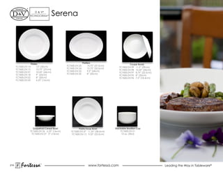 d & V®
                  TeChNOCeRAM™          Serena




                   Plates                                    Platters
                                                                                               Coupe Bowls
      TC7600.dV.14      12” (30cm)            TC7600.dV.25        14.75” (37.5cm)
                                                                                       TC7600.DV.99 11.5” (29cm)
      TC7600.dV.15      10.75” (27cm)         TC7600.dV.24        12.75” (32.5cm)
                                                                                       TC7600.DV.98 10.25” (26cm)
      TC7600.dV.01      10.25” (26cm)         TC7600.DV.22        9.5” (24cm)
                                                                                       TC7600.DV.97 8.75” (22.5cm)
      TC7600.DV.18      9” (23cm)             TC7600.DV.20        8” (20cm)
                                                                                       TC7600.DV.95 8” (20cm)
      TC7600.DV.02      8” (20cm)                                                      TC7600.DV.96 7.5” (18.4cm)
      TC7600.dV.03      6.25” (16cm)




                    Grapefruit/Cereal Bowl             Pasta/Soup Bowl              Stackable Bouillon Cup
                  TC7600.dV.26 6.25” (16cm)      TC7600.DV.37 11.25” (28.5cm)           TC7600.dV.21
                   TC7600.dV.27 5” (13cm)         TC7600.DV.12 9.25” (23.5cm)            10 oz. (30cl)




214
          Fortessa         ®
                                                                  www.fortessa.com                                   Leading the Way in Tableware®
 