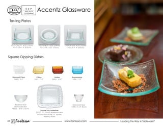 d & V®
                     SpeCiALTY
                    GLASSWARe
                                     Accentz Glassware
  Tasting plates




      FG-C-CS-4.75 4.75” (12cm)        FG-C-R-4.75 4.75” (12cm)        FG-C-S-4.75 4.75” (12cm)
        FG-C-CS-4 4” (8.5cm)            FG-C-R-4 4.25” (10cm)            FG-C-S-4 4” (8.5cm)




Square dipping dishes




       Diamond/Clear                Citrine             Amber                 Aquamarine
         2489.1 3.5”              2491.1 3.5”         2496.1 3.52”            2494.1 3.5”




          Breakfast Bowl                                                      Diamond/Clear
         Diamond/Clear                                                       1489.2 3.12” (8cm)
       1485.2 4.75” (12cm)
                                         Square Tray/underliner
                                   2573.1 10” (25cm) diamond/clear
                                    Fits and four of the 3.5” square
                                             dipping dishes

225
          Fortessa           ®
                                                                       www.fortessa.com           Leading the Way in Tableware®
 