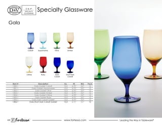 d & V®
                SpeCiALTY
               GLASSWARe
                            Specialty Glassware

 Gala




                  Cobalt     Aquamarine       Olive       Amber




                 Citrine        Ruby           Dark      Short Dark
                                              Cobalt      Cobalt



      Item #                 Description               Oz.       Ht.    Wd.    Pack
      1300.1             Gala Goblet Cobalt            15.0     6.75”   3.0”    12
      1301.1          Gala Goblet Aquamarine           15.0     6.75”   3.0”    12
      1302.1              Gala Goblet Olive            15.0     6.75”   3.0”    12
      1303.1             Gala Goblet Amber             15.0     6.75”   3.0”    12
      1304.1             Gala Goblet Citrine           15.0     6.75”   3.0”    12
      1305.1              Gala Goblet Ruby             15.0     6.75”   3.0”    12
      1306.1          Gala dark Cobalt Goblet          15.0     6.75”   3.0”    12
      1406.1        Gala Short dark Cobalt Goblet      15.0     6.75”   3.0”    12




228
        Fortessa    ®
                                                       www.fortessa.com               Leading the Way in Tableware®
 