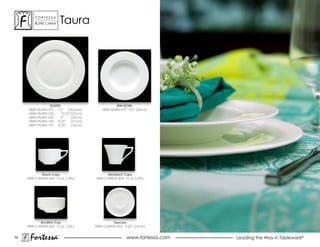 ForTessa
         Bone china
                      Tm
                               Taura




                PLATES                           RIM BOWL
     HBW-TAURA-101 12” (30.5cm)           HBW-TAURA-977 9.0” (23cm)
     HBW-TAURA-102     10.75”(27cm)
     HBW-TAURA-202    9”     (23cm)
     HBW-TAURA-105 8.25” (21cm)
     HBW-TAURA-107 6.25” (16cm)




            Stack Cups                      Nonstack Cups
     HBW-CARINA-405 10 oz. (.29L)      HBW-CARINA-406 10 oz. (.29L)




           Bouillon Cup                         Saucers
     HBW-CARINA-422 12 oz. (.35L)      HBW-CARINA-452 6.25” (16cm)


32
      Fortessa             ®
                                                        www.fortessa.com   Leading the Way in Tableware®
 