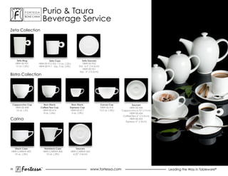 ForTessa            Purio & Taura
                                  Beverage service
                         Tm

              Bone china




Zeta collection




      Zeta Mug                 Zeta Cups                       Zeta Saucers
     HBW-00-921        HBW-00-912 Std. 7.5 oz. (.22L)           HBW-00-952
     12 oz. (.35L)     HBW-00-911 Esp. 3 oz. (.09L)         Std. 6.5” (16.5cm)
                                                                HBW-00-951
                                                             Esp. 5” (12.5cm)
Bistro collection




 Cappuccino Cup              Non-Stack               Non-Stack                    Cocoa Cup                Saucers
   HBW-00-408              Coffee/Tea Cup           Espresso Cup                  HBW-00-416             HBW-00-458
   16 oz. (.5L)             HBW-00-414               HBW-00-417                  13.5 oz. (.42L)   Cappuccino 6.75” (17cm)
                             8 oz. (.26L)            3 oz. (.09L)                                        HBW-00-454
                                                                                                    Coffee/Tea 6” (15.5cm)
carina                                                                                                   HBW-00-455
                                                                                                      Espresso 5” (13cm)




  Stack Cups                       Nonstack Cups         Saucers
HBW-CARINA-405                    HBW-CARINA-406    HBW-CARINA-452
  10 oz. (.29L)                     10 oz. (.29L)     6.25” (16cm)




35
          Fortessa            ®
                                                                     www.fortessa.com                                        Leading the Way in Tableware®
 