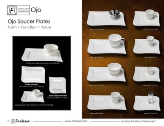 ForTaLuxe®
        suPerWhiTe®       ojo
ojo saucer Plates
Form + Function = Value                                                           with ALU-OJO-422                     with aLu-oJo-006




                                                                                  with HBW-00-414                       with HBW-00-711


                  Platter with well shown with ALU-OJO-422




                Platter with Well
                                                                                  with ALU-OJO-422                     with aLu-oJo-016
          ALU-OJO-011W 10.25” (26cm)




                                             Square Plate with Well
                                           ALU-OJO-004W 7” (18cm)



     square plate with well shown with aLu-oJo-006




                                                                                  with V0818-0006                       with 0017.572702



49
     Fortessa         ®
                                                               www.fortessa.com                      Leading the Way in Tableware®
 
