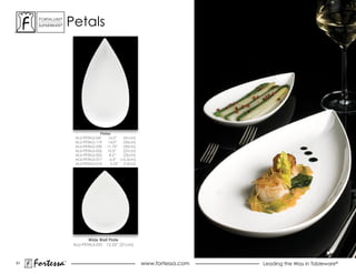 ForTaLuxe®
      suPerWhiTe®       Petals




                                       Plates
                          ALU-PETALS-041    16.0”   (41cm)
                          ALU-PETALS-119    14.0”   (35cm)
                          ALU-PETALS-030 11.75” (30cm)
                          ALU-PETALS-026   10.5”    (27cm)
                          ALU-PETALS-022     8.5”   (22cm)
                          ALU-PETALS-017     6.5” (16.5cm)
                          ALU-PETALS-014      5.25” (13cm)




                                Wide Well Plate
                         ALU-PETALS-031 12.25” (31cm)



51
     Fortessa       ®
                                                             www.fortessa.com   Leading the Way in Tableware®
 