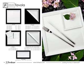 ForTaLuxe®
         suPerWhiTe®    Tavola




                  Squares                                     Triangles
     5500.F0000.30       12.0”   (30cm)          5500.F0000.38 15” at base(38cm)
     5500.F0000.27      10.5”    (27cm)          5500.F0000.27T 14.5” at base(37cm)
     5500.F0000.25        9.5"   (25cm)          5500.F0000.22 8.75" at base(22cm)
     5500.F0000.08        8.0”   (20cm)          5500.F0000.17 6.75” at base(17cm)
     5500.F0000.13       5.25”   (13cm)




                Tavola                           Triangle Plate with Square Plate
             5500.F0000.30                    5500.F0000.38 fits 1/2 of 5500.F0000.30
         with one 5500.F0000.26               5500.F0000.27T fits 1/2 of 5500.F0000.27
         and two 5500.F0000.13                5500.F0000.17 fits 1/2 of 5500.F0000.13




                                       Rectangle
                         5500.F0000.26 10.25” x 5.25” (26 x13cm)

54
        Fortessa         ®
                                                                    www.fortessa.com     Leading the Way in Tableware®
 