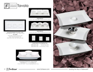 ForTaLuxe®
              suPerWhiTe®       Tavola


                                                                      5500.F0000.35
                                                       Shown with V000-0884 pedestal dipping dishes




                                                                      5500.F0000.35
       Tavola Rectangular Tray with 3 wells            Shown with 46011 Round Dipping/Sauce Cups
     5500.F0000.35 10.25” x 5.25” (26x13.3cm)
                    FITS THREE
         V000-0884 pedestal dipping dish
            46011 Round Dipping Cup
       5000.FSW0.1006,1005,1002 Saki Cups




                                                              Kyoto Square Saki/Dipping Cups
                                                           5000.FSW0.1006     2.5”H (6.3cm), 3 oz.
                                                           5000.FSW0.1005       2”H (5.1cm), 2 oz.
                                                           5000.FSW0.1002 1.75”H (4.5cm), 1.75 oz.




                                   Rectangular Flared Tray, Tavola Classic
                                     5600.F0000.25 11” x 8”(28x20cm)
                                Shown with 46011 Round Dipping/Sauce Cup




57
           Fortessa         ®
                                                                       www.fortessa.com               Leading the Way in Tableware®
 