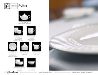 ForTaLuxe®
           suPerWhiTe®          evita



                                      Tea Pot w/ Lid
                                6400.F0000.36 13oz. (.40L)




                   Stackable Cups                 Stackable Mugs
                     6400.F0000.10                 6400.F0000.09
                    Std. 8 oz. (.26L)                8 oz. (.26L)
                     6400.F0000.06                6400.F0000.09.5
                 espresso 3 oz. (.10L)              12 oz. (.32L)




            Saucers                Sugar Bowl w/ Lid           Creamer
         6400.F0000.05               6400.F0000.42           6400.F0000.39
       Std. 6.25” (16cm)              8 oz. (.26L)             5 oz. (15L)
         6400.F0000.07
     Espresso 5” (12.5cm)




                 Stackable Bouillon Cup          Cereal/Grapefruit
                     6400.F0000.21                6400.F0000.26
                      8 oz. (.26L)                5.75” (14.5cm)
68
        Fortessa            ®
                                                                       www.fortessa.com   Leading the Way in Tableware®
 