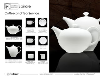 ForTessa
               Bone china
                             Tm
                                      spirale
coffee and Tea service



                                          Stackable Coffee Cups            Saucers
                                              HBW-SPIR-838              HBW-SPIR-839
                                              Std. 8 oz. (.26l)       Std. 6.25” (16cm)
                                              HBW-SPIR-842              HBW-SPIR-843
                                           Espresso 3.5 oz. (.10l)   Espresso 5" (13cm)



              Tea Pots w/Lid
     HBW-SPIR-860 w/Lid 29.0 oz. (0.9L)
     HBW-SPIR-861 w/Lid 17.7 oz. (0.5L)




                                               Can Cup                   Can Saucer
                                           HBW-SPIR-857 8 oz.           HBW-SPIR-858
                                                                        6.25” (16cm)




           Coffee Pots w/Lid
    HBW-SPIR-862 w/Lid 20.0 oz. (0.6L)        Sugar Bowl                 Creamers
    HBW-SPIR-863 w/Lid 11.0 oz. (0.3L)    HBW-SPIR-866 8.5 oz.       HBW-SPIR-864 5 oz.
                                            HBW-00-548 Lid           HBW-SPIR-865 2.5 oz.




9
            Fortessa              ®
                                                                        www.fortessa.com    Leading the Way in Tableware®
 