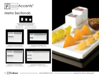 accentz
               ForTaLuxe®                                     ®
               suPerWhiTe®




metro sectionals


                           Square Cups fit Kyoto Tasting Plates &
                               Metro Sectional Compartments
                         5000.FsW0.1006     2.5”h (6.3cm), 3oz. (.09L)
                         5000.FsW0.1005     2.0”h (5.1cm), 2oz.(.06L)
                         5000.FsW0.1002 1.75”h(4.5cm), 1.75oz.(.05L)




        Sectionals 2-Compt Rectangle                      Sectionals 3-Compt Rect. Tray
     5400.F0000.14 5.5” x 7.5” (14x19.5cm)            5400.F0000.24 9.5” x 4” (24.5x10.5cm)




    Sectionals 2-Compt Rectangle                          Sectionals 4-Compt Rect. Tray
 5400.F0000.23 9” x 6.25” (23x16cm)                 5400.F0000.35 14” x 6.25” (35.5x16cm)




99
            Fortessa          ®
                                                                          www.fortessa.com    Leading the Way in Tableware®
 